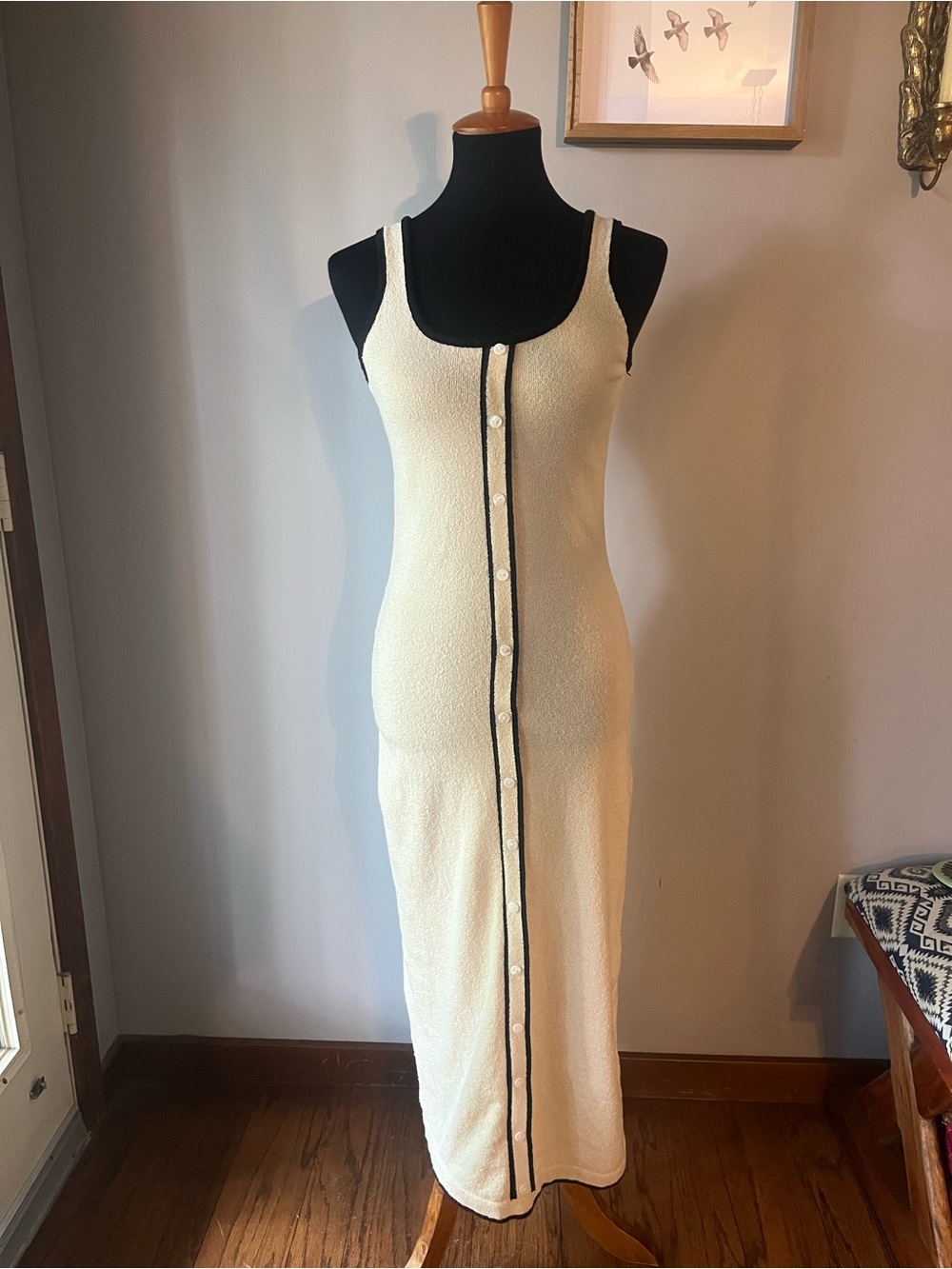Needii Ivory Cream Button Front Midi Dress Black Trim Size M